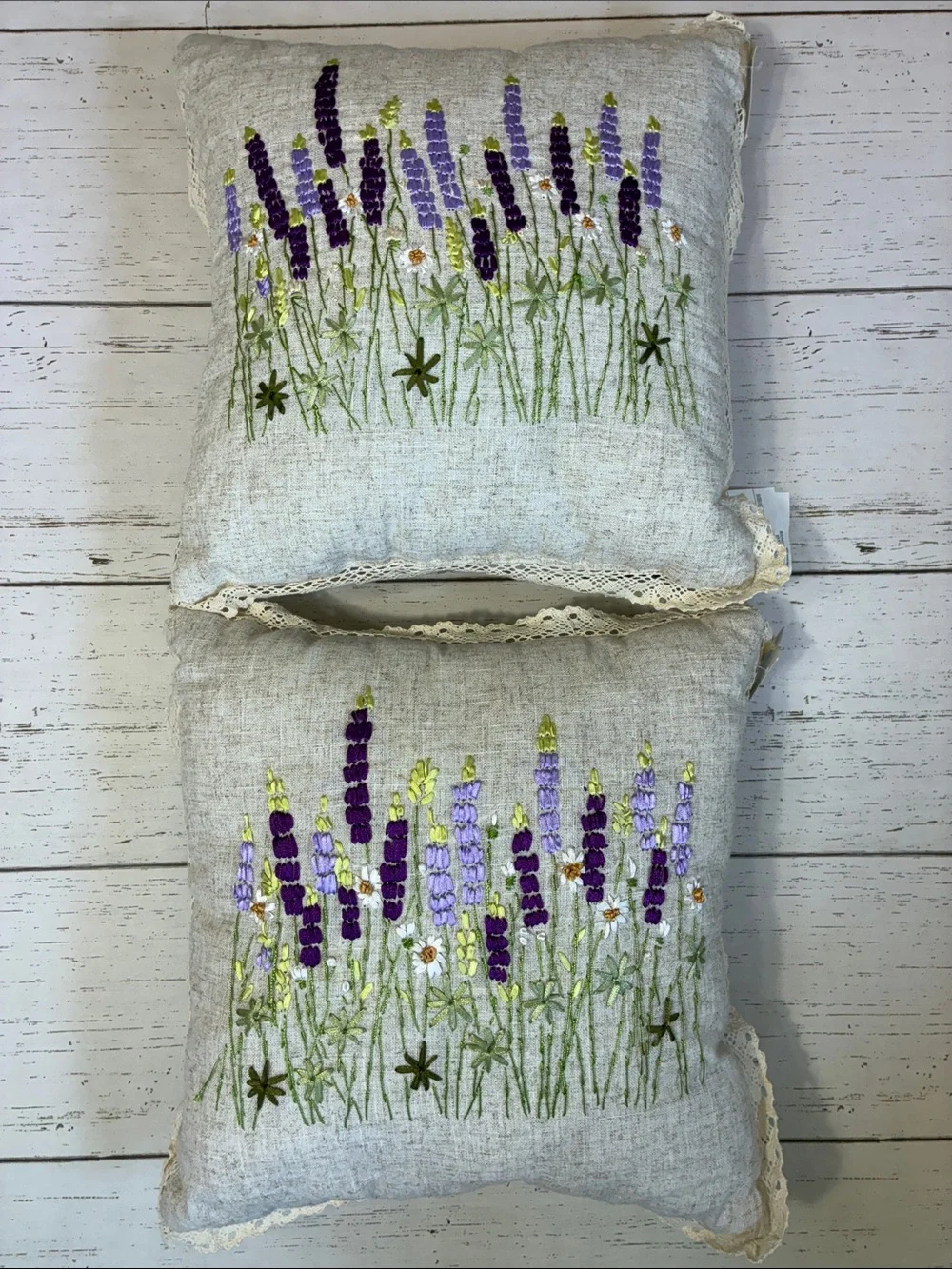 Set of 2 Ashland Lavender/Purple  Embroidered Floral Pillows w/Crochet Trim, NWT